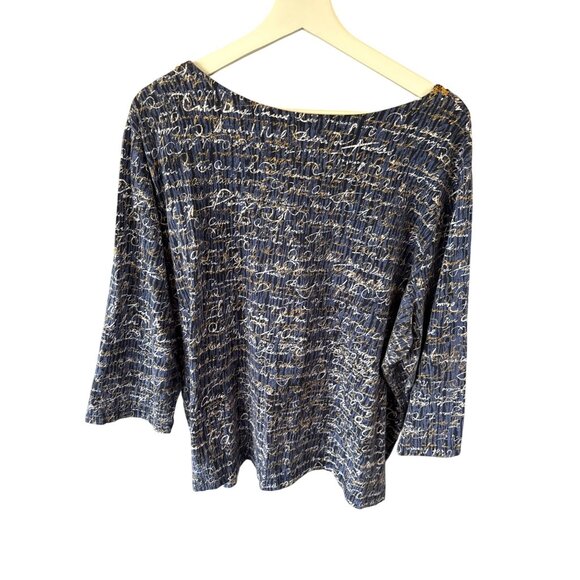 Ruby Rd Sequin Script Top Plus Size 3X Blue Gold Embellished Blouse 3/4 Sleeve - Picture 7 of 8